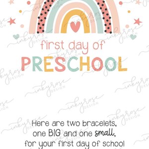 Erster Tag der Vorschule Armband PRINTABLE Sofortiger Download, Pre-K Back to School Mama und ich Herz Regenbogen passendes Geschenk