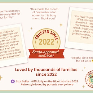 Retro cream and red graphic showing five-star reviews for the INKY Rose 2025 Elf Kit. Includes a “Trusted Since 2022” badge, “Santa Approved (wink, wink)” seal, and customer quotes about easy setup and family fun.