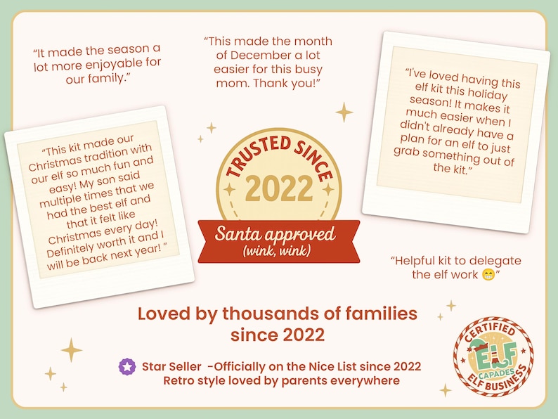 Retro cream and red graphic showing five-star reviews for the INKY Rose 2025 Elf Kit. Includes a “Trusted Since 2022” badge, “Santa Approved (wink, wink)” seal, and customer quotes about easy setup and family fun.