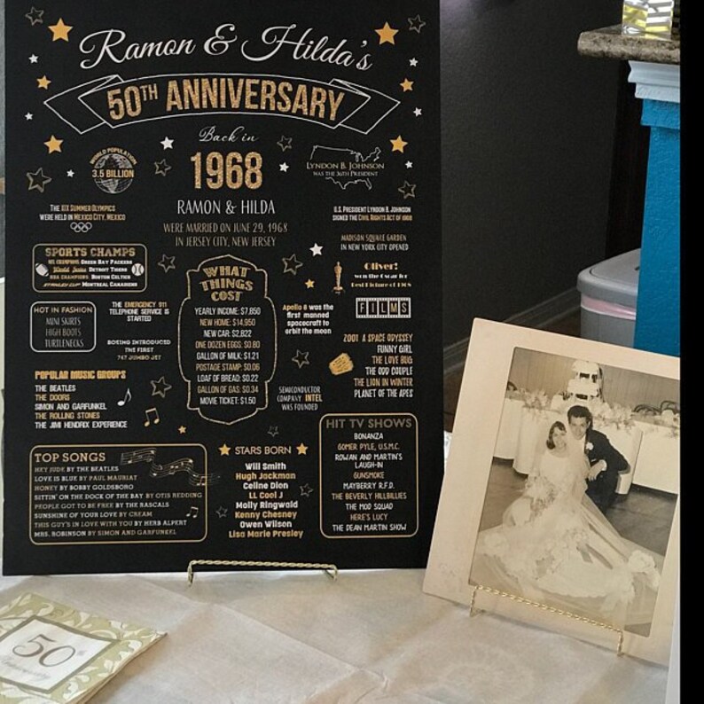 May include: A black chalkboard sign with gold lettering celebrating a 50th anniversary. The sign includes the names Ramon and Hilda, the year 1968, and a list of events and popular culture from that year. A black and white photo of a couple in wedding attire is displayed on a table in front of the sign.