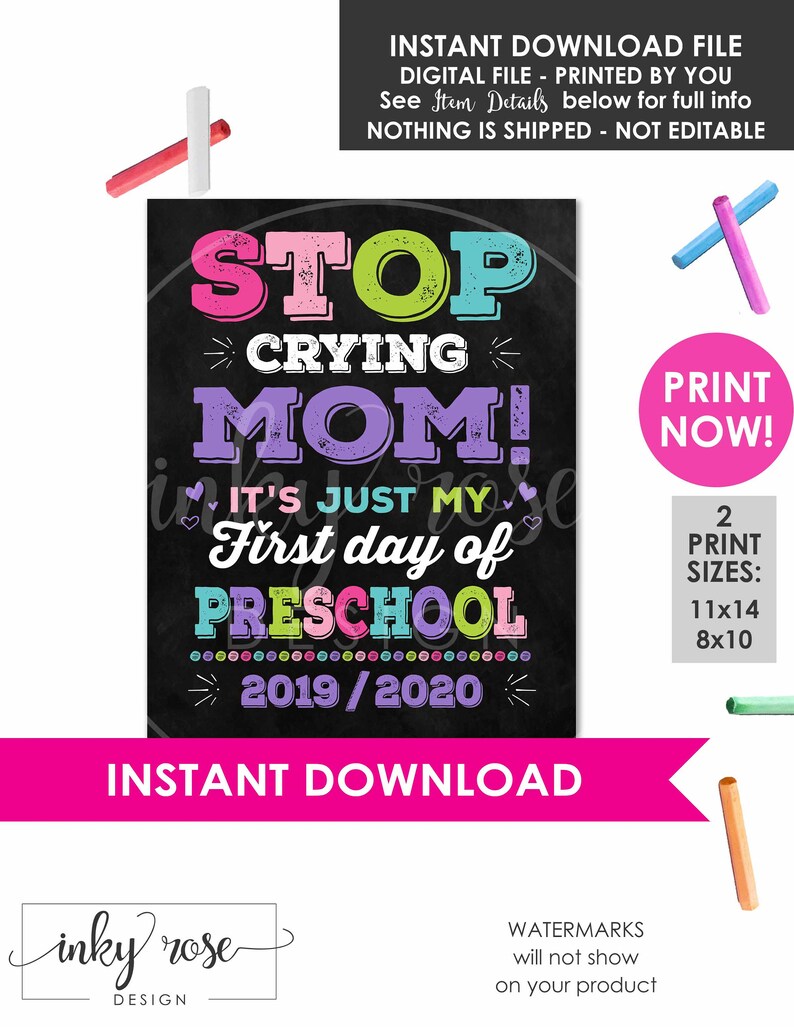 Stop Crying Mom Sign First Day of Preschool PRINTABLE School | Etsy