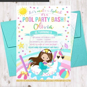 Unicorn Mermaid Birthday Pool Party Invitation PRINTABLE, Pool Party Invite, Brown Hair Mermaid and Unicorn Invitation Rainbow Girl Beach