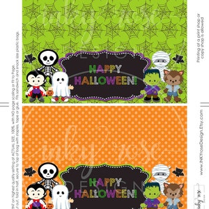 May include: Printable Halloween treat bag design featuring a black chalkboard with the text "Happy Halloween!" and a group of cartoon characters dressed as a vampire, skeleton, ghost, Frankenstein, mummy, and werewolf. The background is a green spiderweb pattern and an orange polka dot pattern.