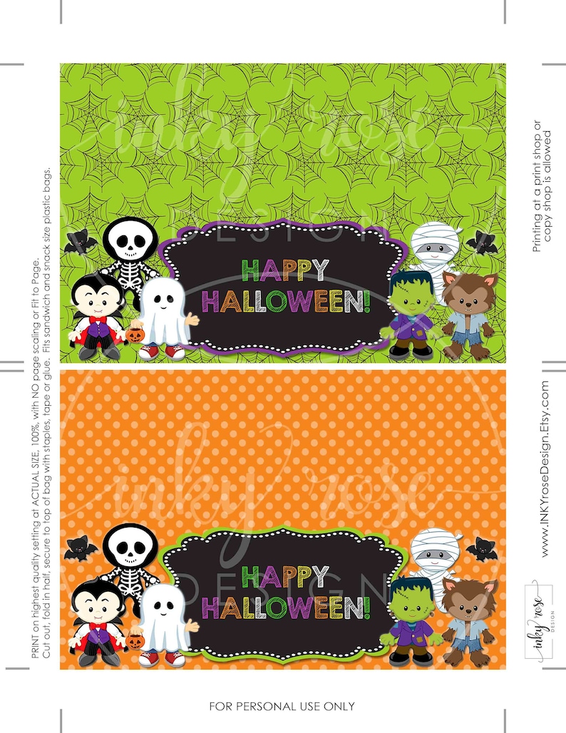 May include: Printable Halloween treat bag design featuring a black chalkboard with the text "Happy Halloween!" and a group of cartoon characters dressed as a vampire, skeleton, ghost, Frankenstein, mummy, and werewolf. The background is a green spiderweb pattern and an orange polka dot pattern.