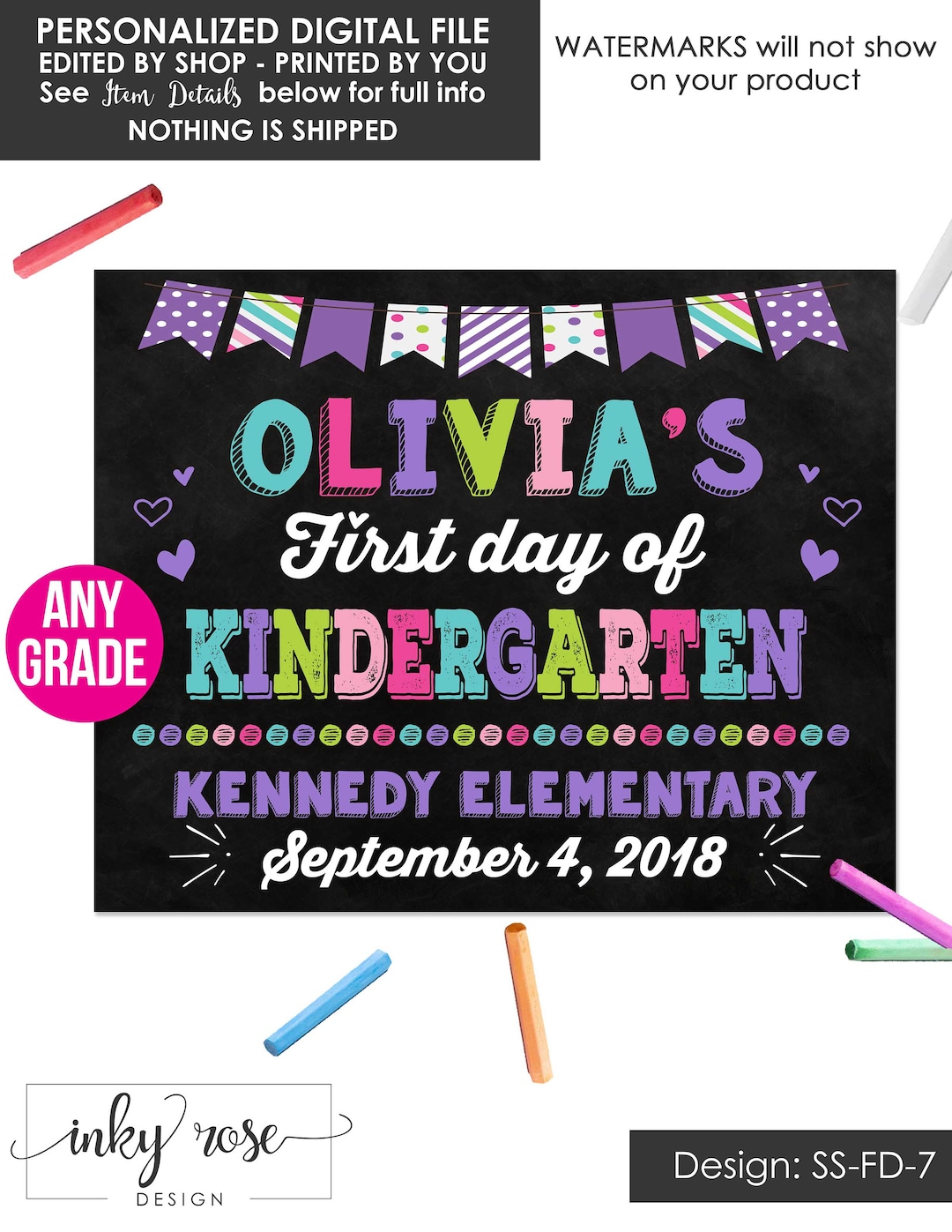 First Day of Kindergarten Sign PRINTABLE, 1st First Day of School Sign ...