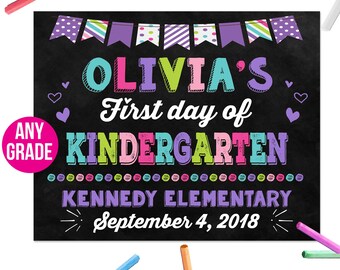 First Day of Kindergarten Sign PRINTABLE, 1st First Day of School Sign Chalkboard Digital Poster Girl Back to School Photo Prop Chalk Board