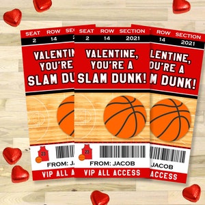 Basketbal Valentijnsdagkaart, gepersonaliseerde kindervalentijnskaarten, valentijnskaarten basketbalticket, afdrukbare Sports Slam Dunk, klasjongens