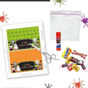 May include: Printable Halloween treat bag labels featuring a green spiderweb background with orange polka dots. The labels have a black chalkboard with the text "Happy Halloween!" and cute cartoon characters including a vampire, ghost, skeleton, Frankenstein, werewolf, and mummy.
