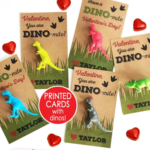 Dinosaur Valentine Cards, PRINTED Dino-mite Valentines for Boys Kids, Classroom Valentine's Day Card Toy Class School Non Candy Dinomite