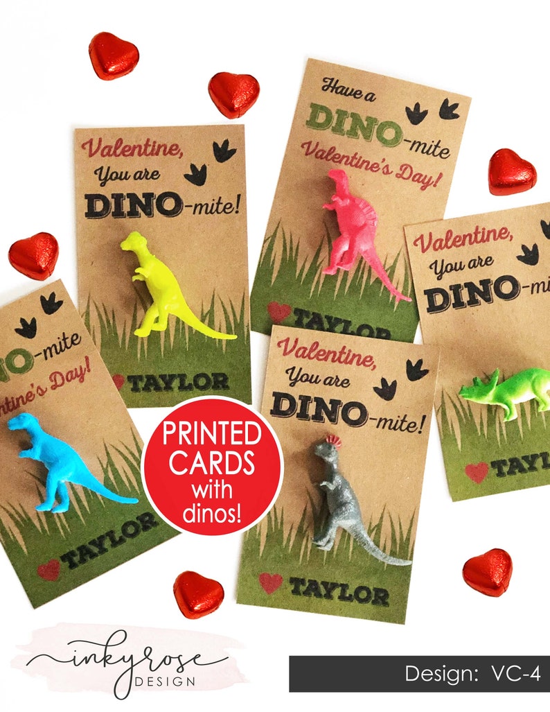 Dinosaur Valentine Cards, PRINTED Dino-mite Valentines for Boys Kids, Classroom Valentine's Day Card Toy Class School Non Candy Dinomite image 1