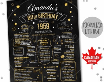 60th Birthday Party Decorations PRINTABLE Sign, CANADIAN 60th Birthday Gift for Women Men, 1959 Poster, Chalkboard Board Decor Canada