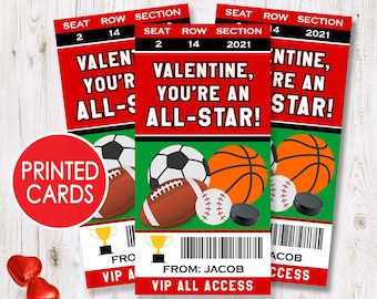 Sports Valentines Day Cards Kids PRINTED, Personalized Kids Valentine's Day Card, All Star Ticket Sports Valentine, Classroom School Boys