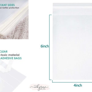May include: A pack of clear, self-seal adhesive bags, 4 inches wide by 6 inches tall. The bags are made of 100% non-toxic material and have tear-resistant sides. The text "TEAR-RESISTANT SIDES 3.4 mils thick for better protection" and "CRYSTAL CLEAR 100% non-toxic material SELF-SEAL ADHESIVE BAGS" is printed on the image.