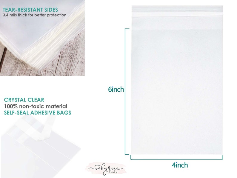 May include: A pack of clear, self-seal adhesive bags, 4 inches wide by 6 inches tall. The bags are made of 100% non-toxic material and have tear-resistant sides. The text "TEAR-RESISTANT SIDES 3.4 mils thick for better protection" and "CRYSTAL CLEAR 100% non-toxic material SELF-SEAL ADHESIVE BAGS" is printed on the image.