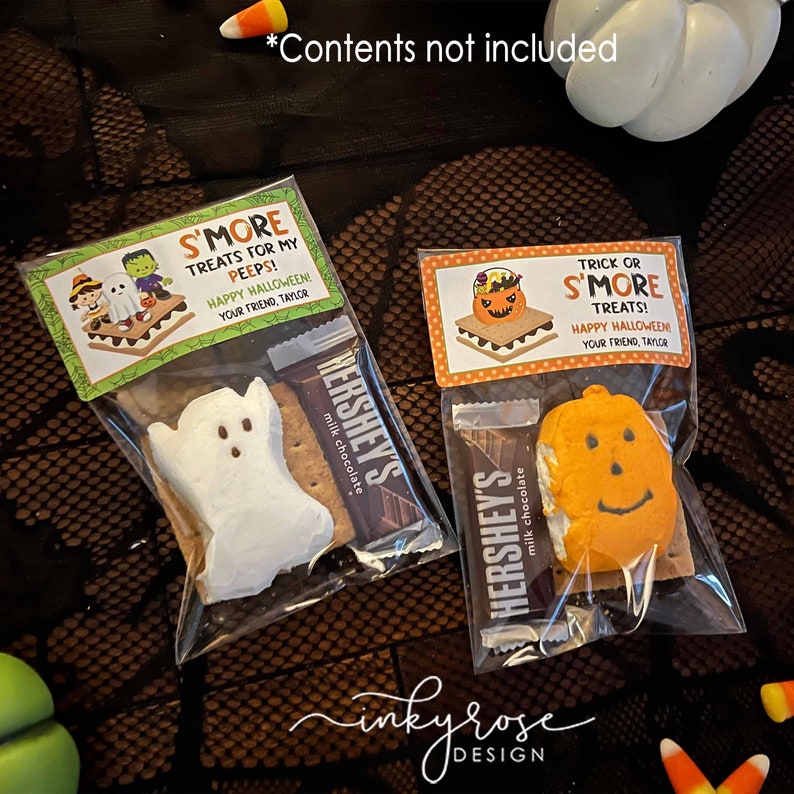 May include: Two clear plastic bags filled with Halloween-themed s'more ingredients. The bags have printable tags that say "S'more Treats for my PEEPS! Happy Halloween! Your friend, Taylor" and "Trick or S'more Treats! Happy Halloween! Your friend, Taylor". One bag contains a ghost-shaped marshmallow, a graham cracker, and a Hershey's chocolate bar. The other bag contains a pumpkin-shaped marshmallow, a graham cracker, and a Hershey's chocolate bar.