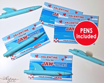 Shark Valentine Cards, PRINTED Kids Valentines Cards with Shark Pens,  Jawsome Valentine, Boys Valentine's Day Card Candy Free