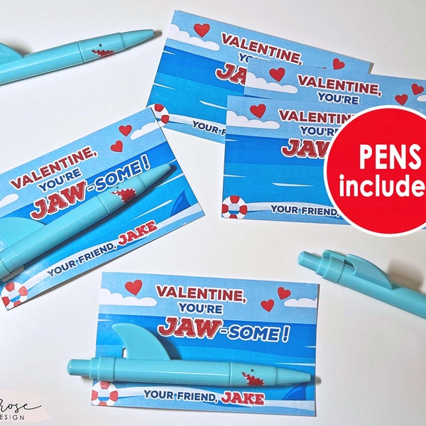 Shark Valentine Cards, PRINTED Kids Valentines Cards with Shark Pens,  Jawsome Valentine, Boys Valentine's Day Card Candy Free