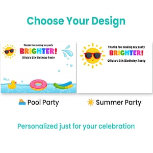 K&ouml;nnte beinhalten: Zwei rechteckige Partykarten mit dem Text Choose Your Design. Eine Karte zeigt eine gelbe Sonne mit Sonnenbrille, eine Quietscheente, einen pinken Schwimmring und den Text Thanks for making my party BRIGHTER! Olivia's 8th Birthday Party.