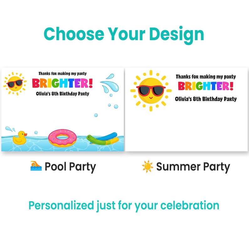 K&ouml;nnte beinhalten: Zwei rechteckige Partykarten mit dem Text Choose Your Design. Eine Karte zeigt eine gelbe Sonne mit Sonnenbrille, eine Quietscheente, einen pinken Schwimmring und den Text Thanks for making my party BRIGHTER! Olivia's 8th Birthday Party.