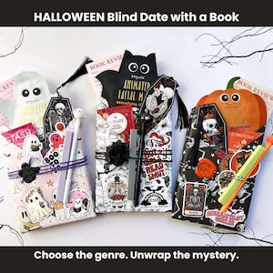 May include: Halloween-themed blind date with a book gift sets. Each set is wrapped in decorative paper and includes a book review, stickers, and a themed bookmark. The sets are shaped like a ghost, a cat, and a pumpkin.