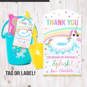 Einhorn Pool Party Thank You Tags PRINTABLE, Einhorn Favor Tags Aufkleber Etiketten, Splash Pad Geburtstag Party Zubehör, Float Floatie Rainbow