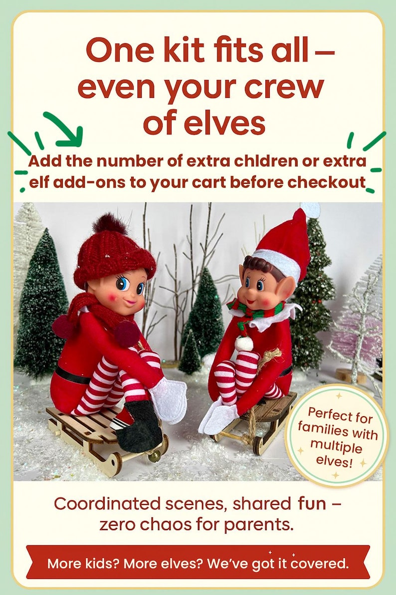 Elf on the Shelf accessory kit for multiple kids or elves — pre-organized holiday scenes with mini props and sleds. Perfect Christmas elf kit for families, easy setup, coordinated North Pole fun.”