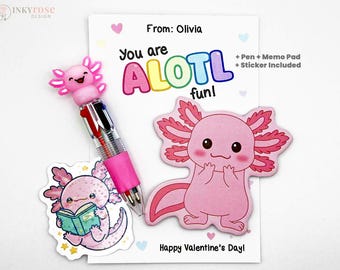 Axolotl Valentines Gift Set with Pen & Sticky Note Pad, Non-Candy Classroom Valentine for Kids, You Are ALOTL Fun Favor Set Teacher
