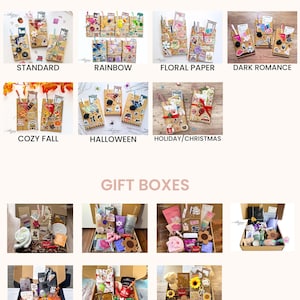May include: An assortment of gift boxes and decorated paper bags. The bags are labeled "Standard", "Rainbow", "Floral Paper", "Dark Romance", "Cozy Fall", "Halloween", and "Holiday/Christmas". The gift boxes are filled with various items.