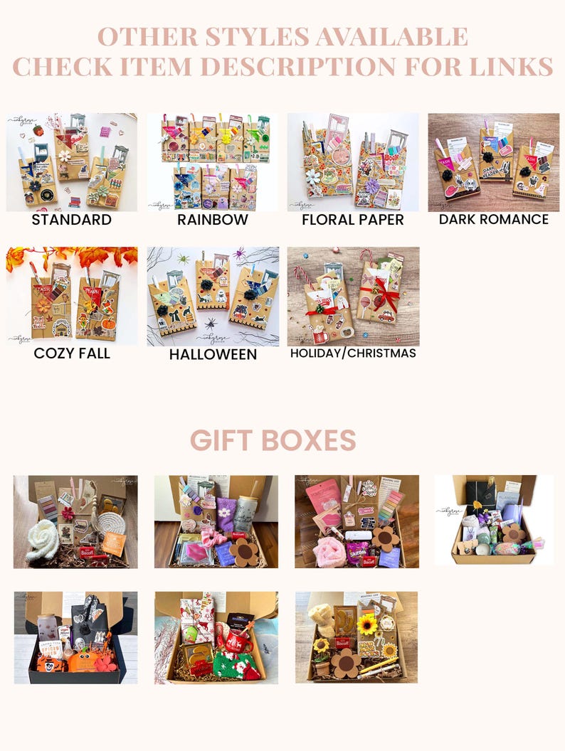 May include: An assortment of gift boxes and decorated paper bags. The bags are labeled "Standard", "Rainbow", "Floral Paper", "Dark Romance", "Cozy Fall", "Halloween", and "Holiday/Christmas". The gift boxes are filled with various items.