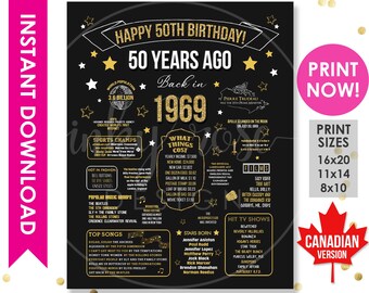 50th Birthday Canadian INSTANT DOWNLOAD Poster 1969 Sign, 50th Birthday Gift for Women Men Party Decorations, PRINTABLE Chalkboard Canada
