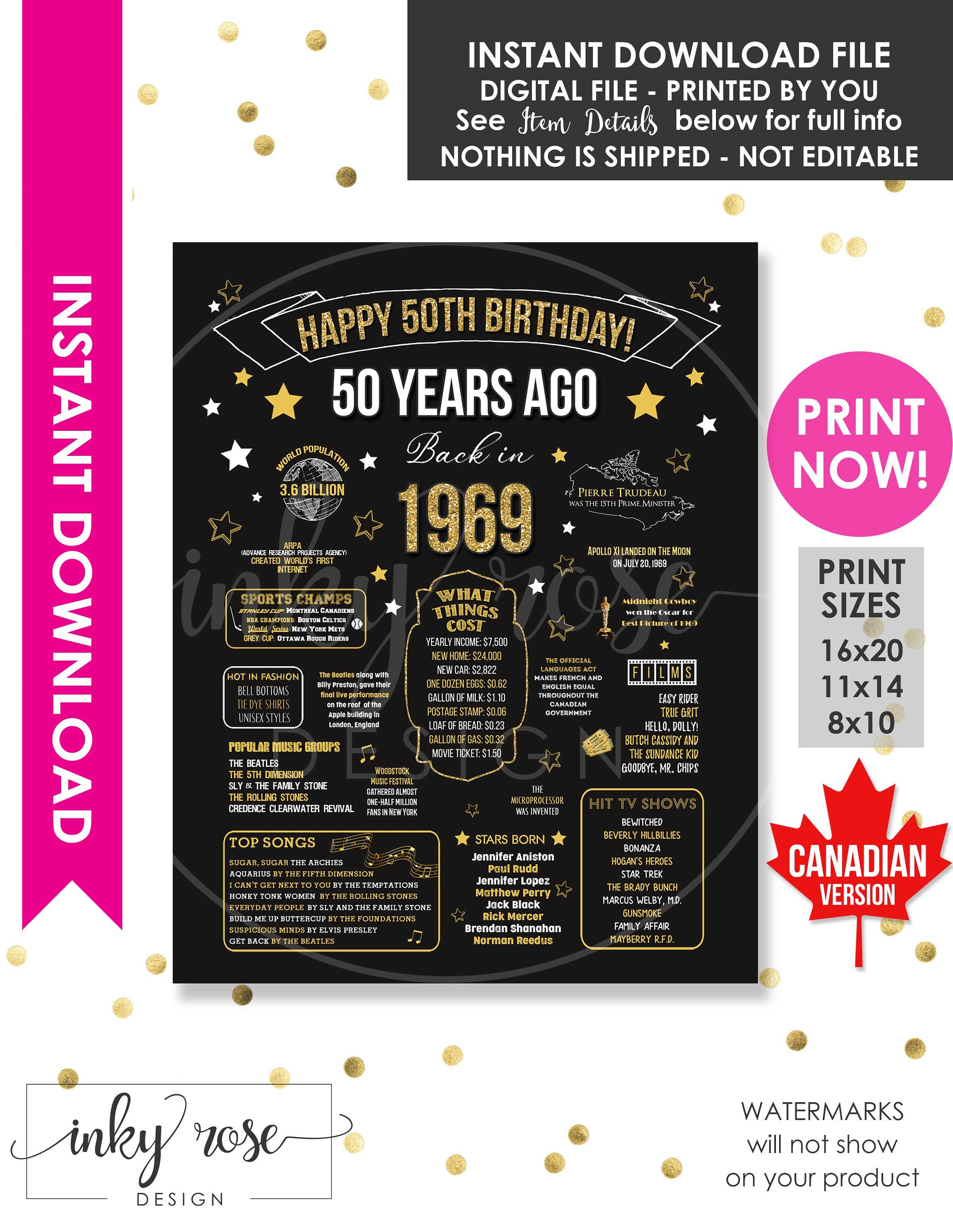 Póster canadiense de 50.º cumpleaños (descarga instantánea, 1969), regalo  de 50.º cumpleaños para mujeres y hombres, decoración de fiesta, pizarra  imprimible canadiense. - Etsy México, image size:2320x3000