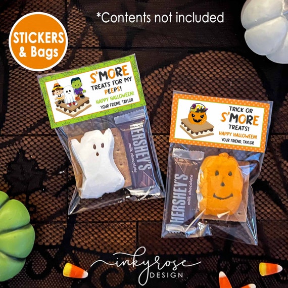Halloween Party Favors, S'more Halloween Party Bags and Stickers, PRINTED Halloween Candy Bags, Smores Kit Treat Bag Goody for Kids