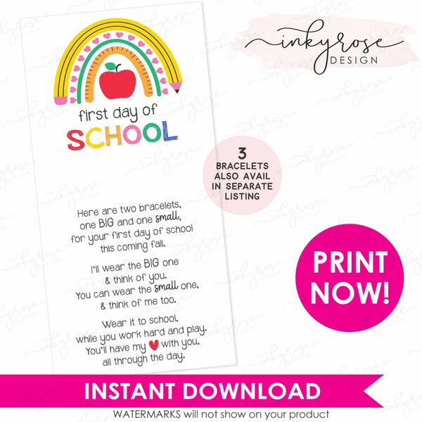 First Day of School Bracelet PRINTABLE Instant Download, Back to School Mommy and Me Heart Rainbow Matching Gift