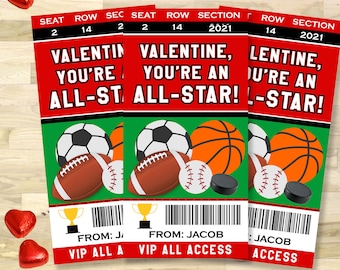 Sports Valentines Cards, Personalized Kids Valentine's Day Card, PRINTABLE All Star Ticket Valentine, Classroom School for Boys, Non Candy