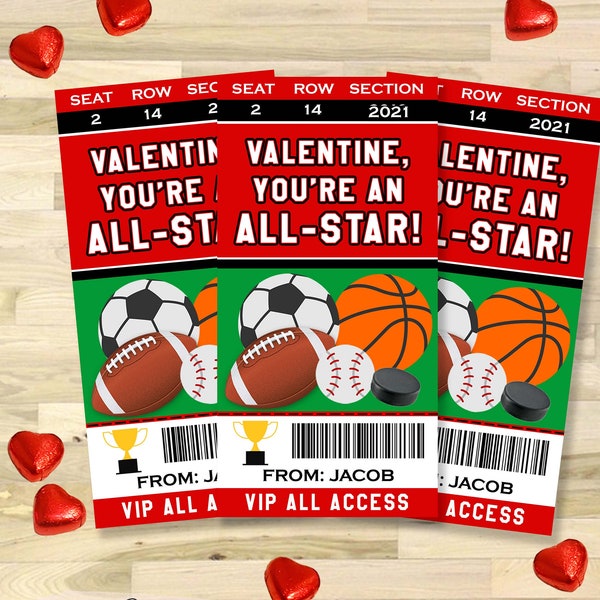 Sports Valentines Cards, Personalized Kids Valentine's Day Card, PRINTABLE All Star Ticket Valentine, Classroom School for Boys, Non Candy