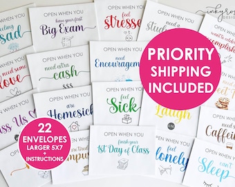 Open When Envelopes College with PRIORITY SHIPPING, Set of 20 Open When Cards Letters College Gifts, Going Away to College Care Package