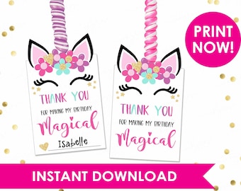 May include: Two printable unicorn thank you tags with pink, blue, and gold accents. The text reads "Thank you for making my birthday magical". One tag has the name "Isabelle" on it.