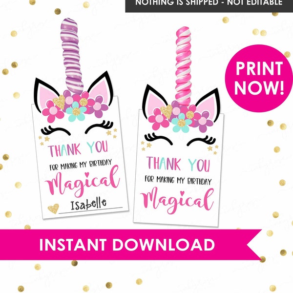 Unicorn Party Favors, PRINTABLE Unicorn Lollipop Holder INSTANT DOWNLOAD, Birthday Party Supplies, Sucker Thank You Gift Tag Card for Kids