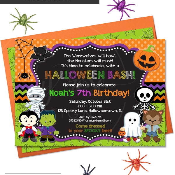 Halloween Birthday Invitation Kids Boy PRINTABLE Digital Invite, Halloween Invitation for Kids, Costume Party Theme Spooky Chalkboard 1st