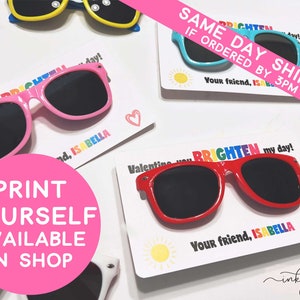 Sunglasses Valentines Day Cards, PRINTED Valentine Sunglasses Favor for Kids, Classroom Exchange School Non Candy Free