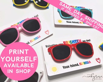 Sunglasses Valentines Day Cards, PRINTED Valentine Sunglasses Favor for Kids, Classroom Exchange School Non Candy Free