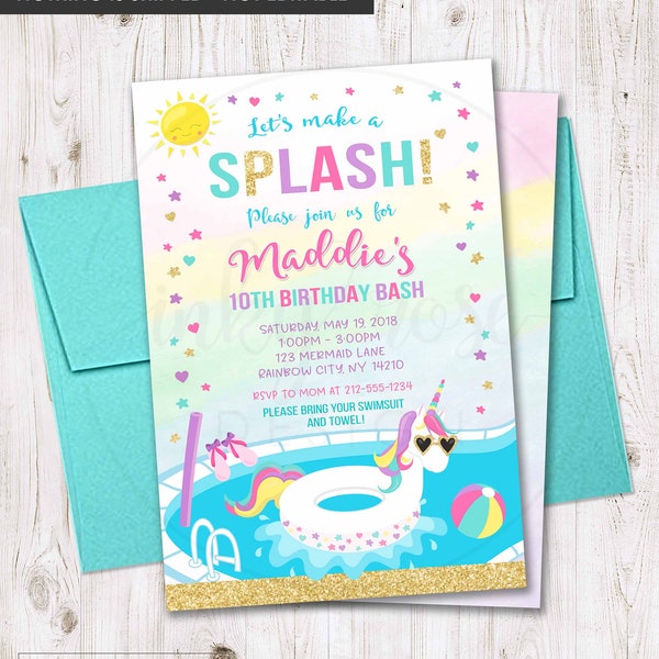 Splash Birthday Party Invitation PRINTABLE, Unicorn Pool Party Invitation, Splash Pad Invite, Party Supplies Girl Summer Beach Bash