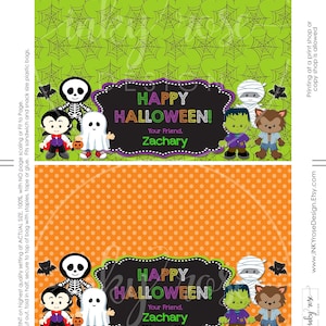 May include: Printable Halloween treat bag topper featuring a green spiderweb background, orange polka dot background, and a black chalkboard with the text "Happy Halloween!" and "Your Friend, Zachary". The topper also features cartoon characters dressed as a vampire, skeleton, ghost, mummy, Frankenstein, and werewolf.