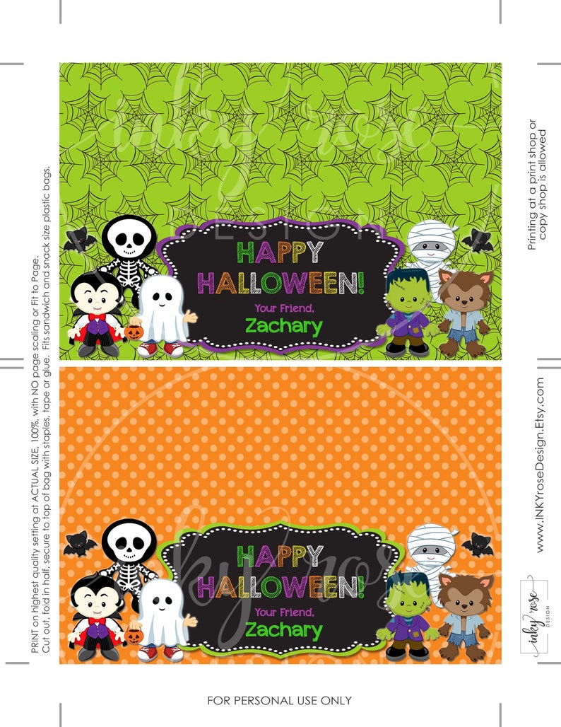 May include: Printable Halloween treat bag topper featuring a green spiderweb background, orange polka dot background, and a black chalkboard with the text "Happy Halloween!" and "Your Friend, Zachary". The topper also features cartoon characters dressed as a vampire, skeleton, ghost, mummy, Frankenstein, and werewolf.