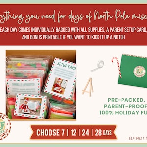 Cream and red graphic showing everything included in the INKY Rose 2025 Elf Kit. Features individually bagged daily scenes with setup cards, photo guides, and festive supplies. A green folder with a candy cane and “Certified Elf Capades Business” logo is shown beside the boxed kit. Text reads “Everything you need for days of North Pole mischief.”