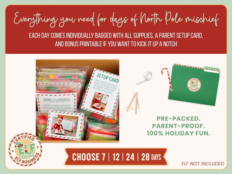 Cream and red graphic showing everything included in the INKY Rose 2025 Elf Kit. Features individually bagged daily scenes with setup cards, photo guides, and festive supplies. A green folder with a candy cane and “Certified Elf Capades Business” logo is shown beside the boxed kit. Text reads “Everything you need for days of North Pole mischief.”