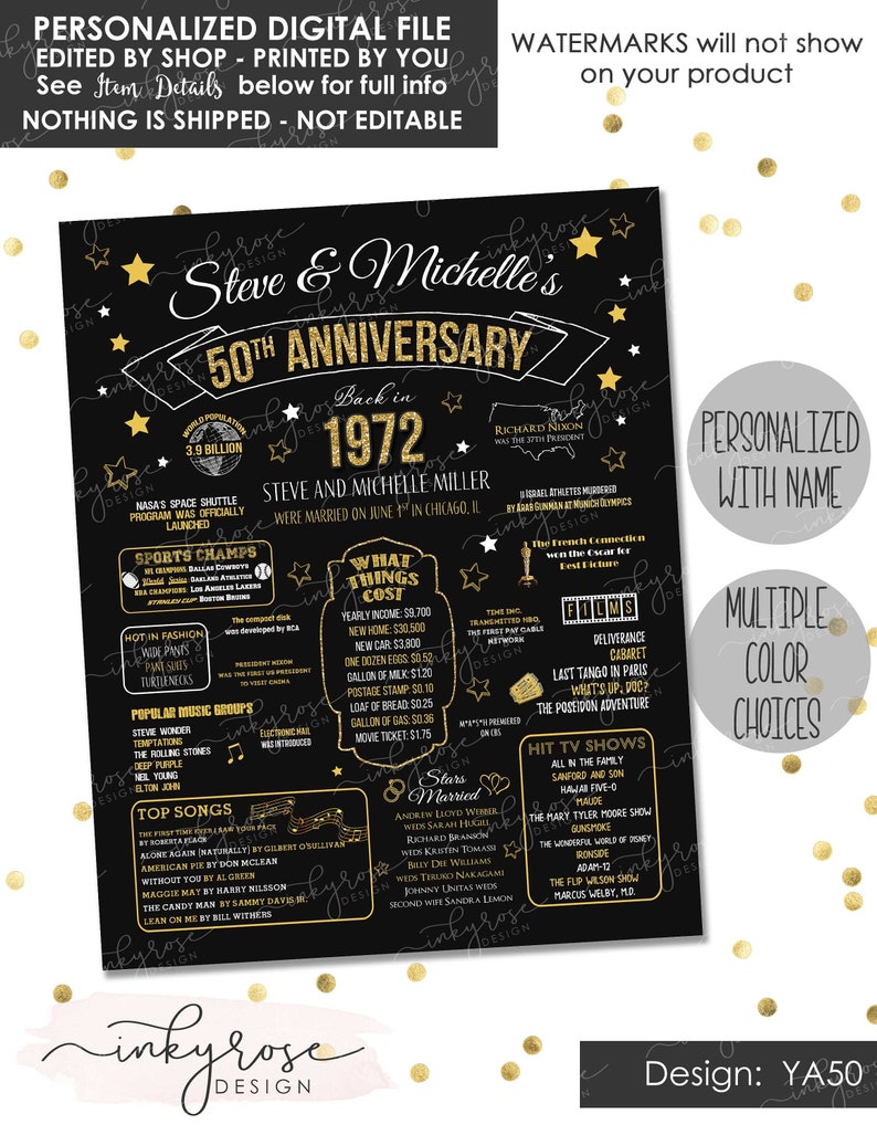 May include: Black and gold 50th anniversary chalkboard sign with the text "Steve & Michelle's 50th Anniversary Back in 1972" and details about the year 1972, including popular music, sports, and events.