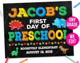 Dinosaur First Day of Preschool Chalkboard Sign PRINTABLE, 1st Day of School Sign Digital Poster, Boy Dino Back to School Photo Prop