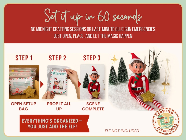 Festive cream and red infographic showing how the INKY Rose 2025 Elf Kit works in three easy steps: grab today’s bag, follow the setup card, and enjoy the finished elf scene. Includes candy cane accents, sparkle details, and tagline text reading “Everything’s organized — you just add the elf!”