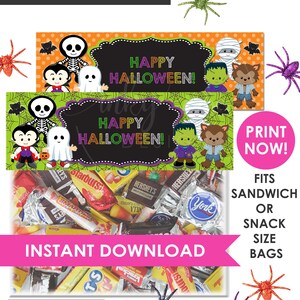 May include: Two printable Halloween party favor tags with a green and orange background. The tags feature a black chalkboard with the text "Happy Halloween!" and cartoon characters dressed in Halloween costumes. The tags are designed to fit sandwich or snack size bags.